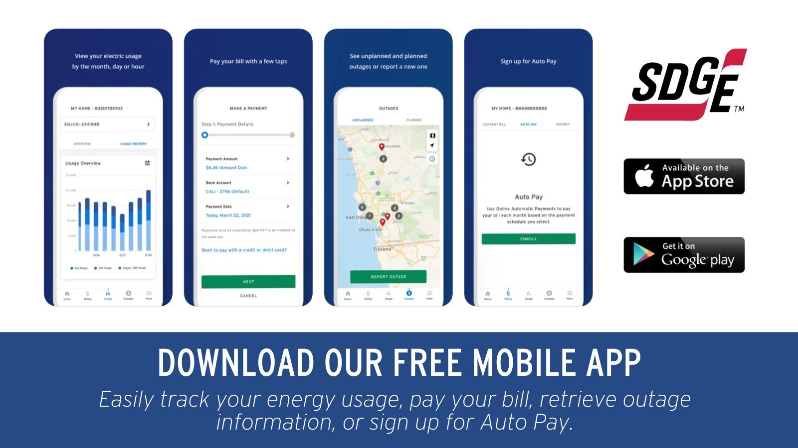 SDG&E mobile app screens